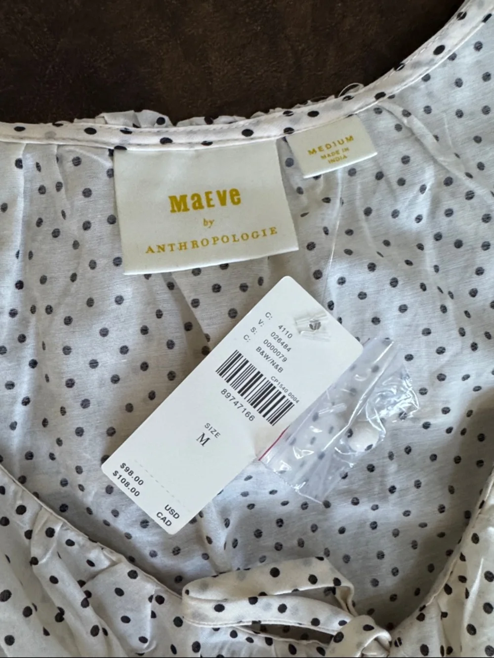 Anyhropologie Maeve Cream puff sleeve Ruffle Tie-Front Polka Dot Blouse M